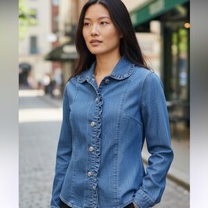 New Direction denim jacket with ruffled trim design!